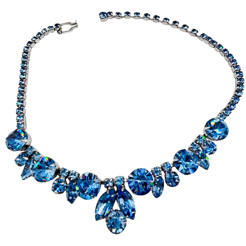 Vintage Weiss Blue Rhinestone Statement Necklace Silver Tone Signed 15 Inch